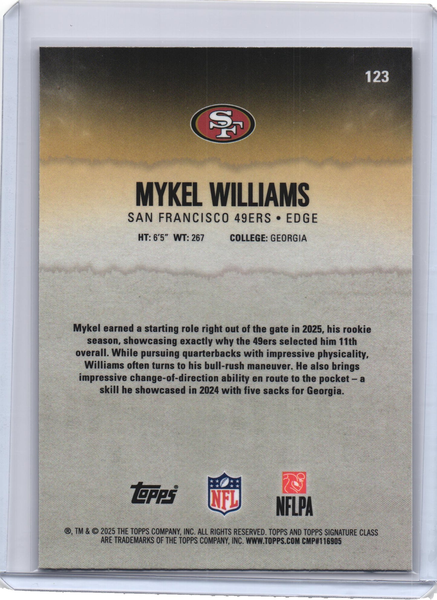 Topps Signature Class 2025 Mykel Williams 49ers Rookie Refractor #123