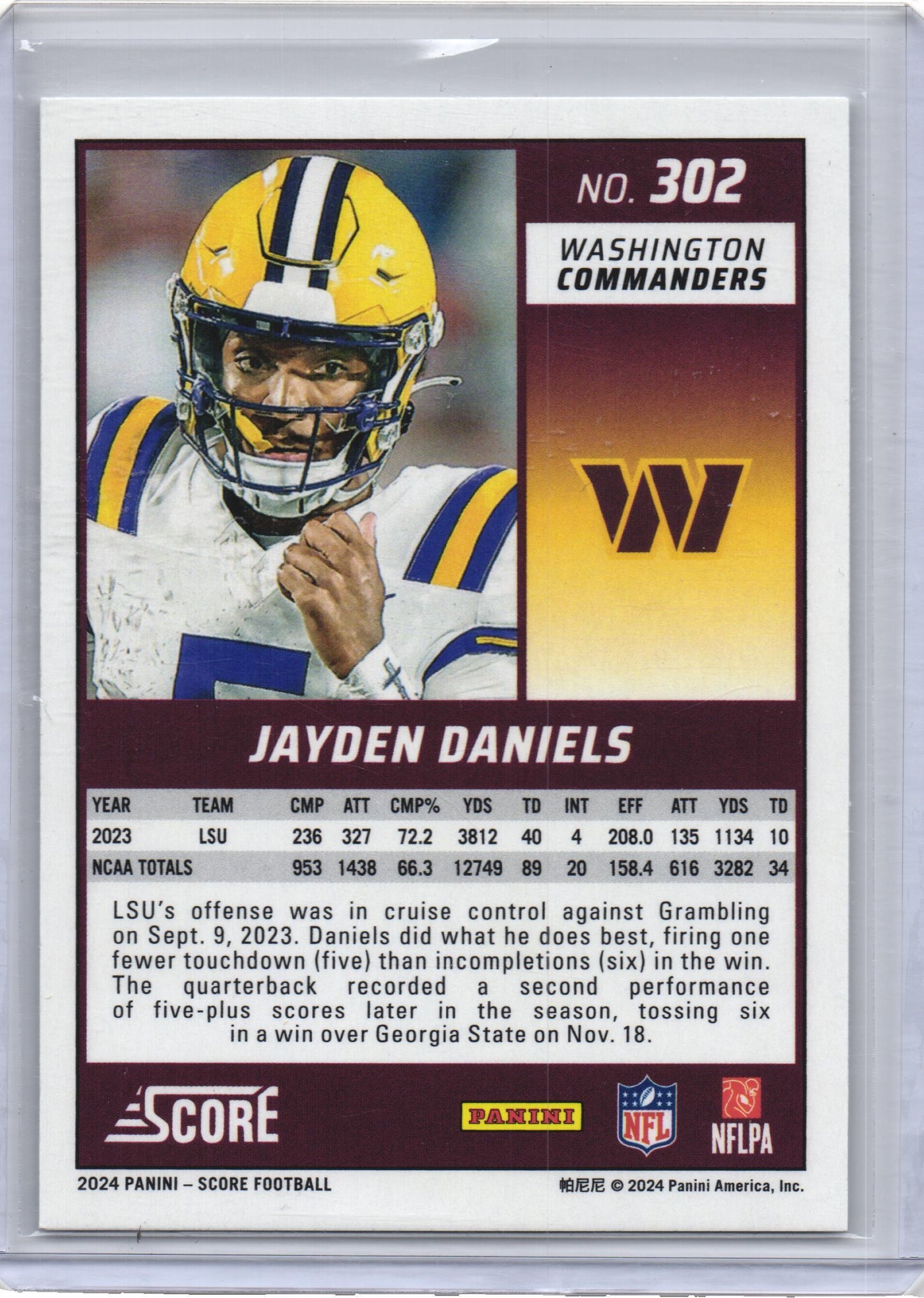 2024 Score Jayden Daniels #302 (Rookie) Washington Commanders