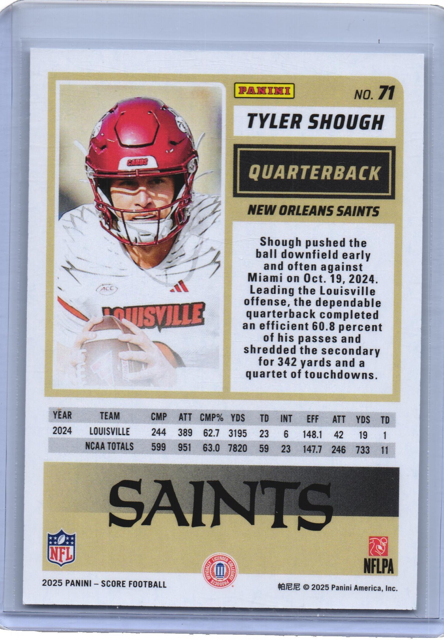 Tyler Shough Rookie Card 2025 Score #71 New Orleans Saints